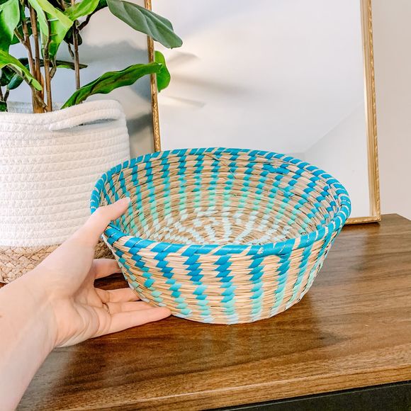 Boho Blue Woven Wicker Storage Basket Bowl - Picture 4 of 6
